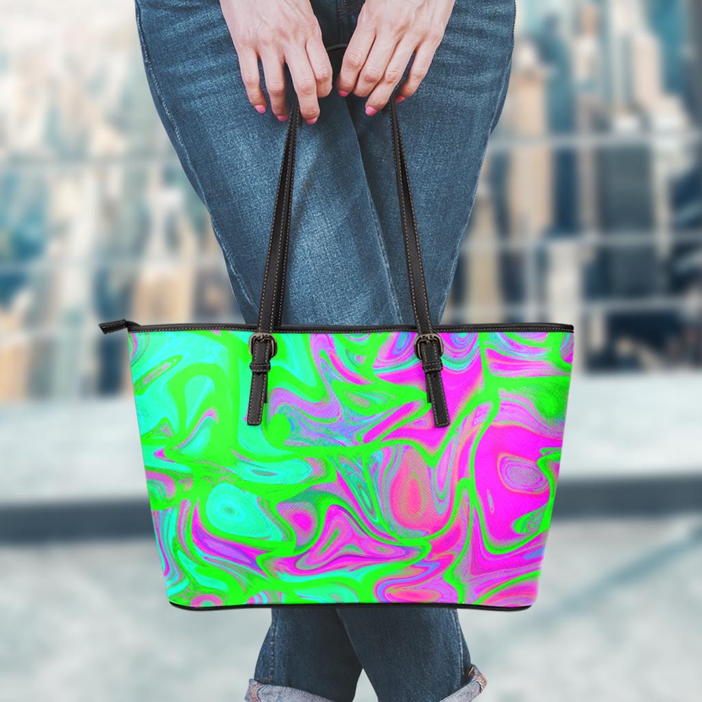 Neon Green Pink Psychedelic Trippy Print Leather Tote Bag