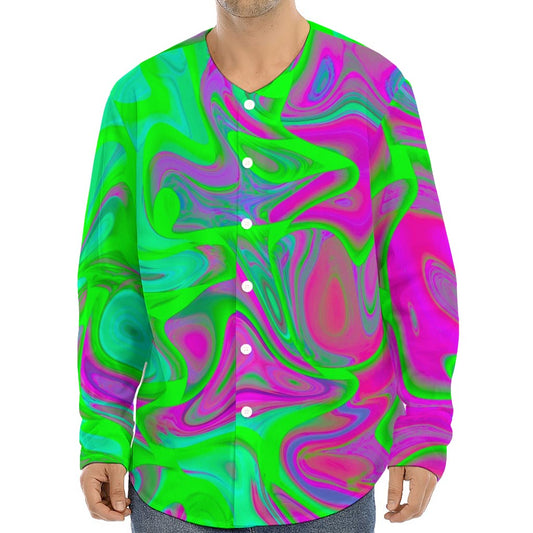 Neon Green Pink Psychedelic Trippy Print Long Sleeve Baseball Jersey