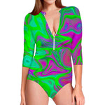 Neon Green Pink Psychedelic Trippy Print Long Sleeve Swimsuit