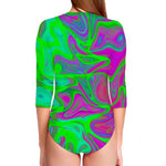 Neon Green Pink Psychedelic Trippy Print Long Sleeve Swimsuit