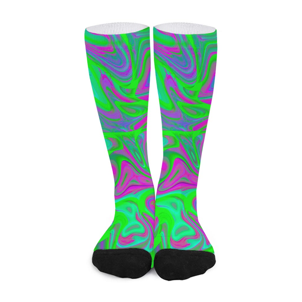 Neon Green Pink Psychedelic Trippy Print Long Socks