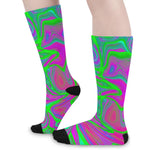 Neon Green Pink Psychedelic Trippy Print Long Socks