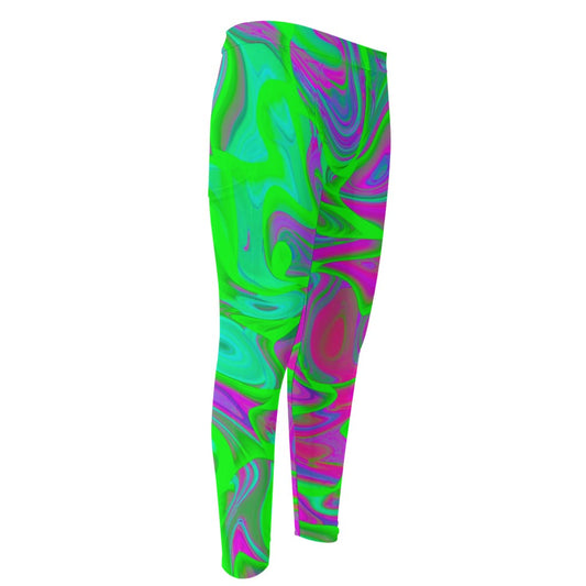 Neon Green Pink Psychedelic Trippy Print Men's Compression Pants
