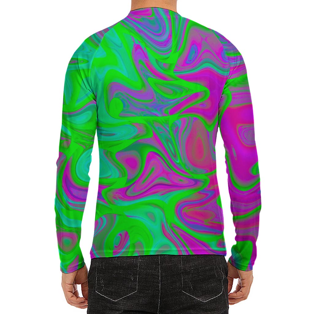 Neon Green Pink Psychedelic Trippy Print Men's Long Sleeve Rash Guard