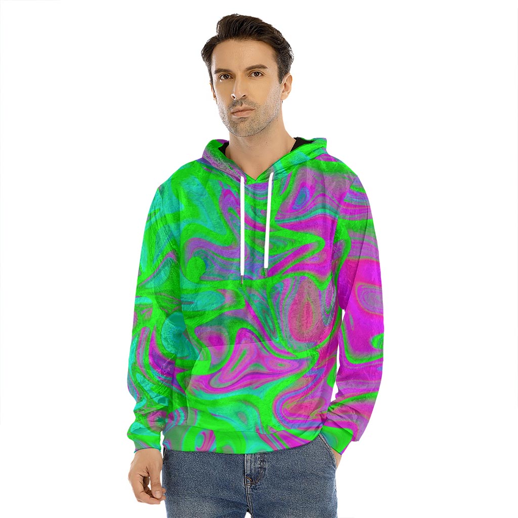 Neon Green Pink Psychedelic Trippy Print Men's Velvet Pullover Hoodie