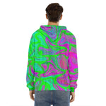 Neon Green Pink Psychedelic Trippy Print Men's Velvet Pullover Hoodie