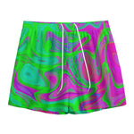 Neon Green Pink Psychedelic Trippy Print Mesh Shorts