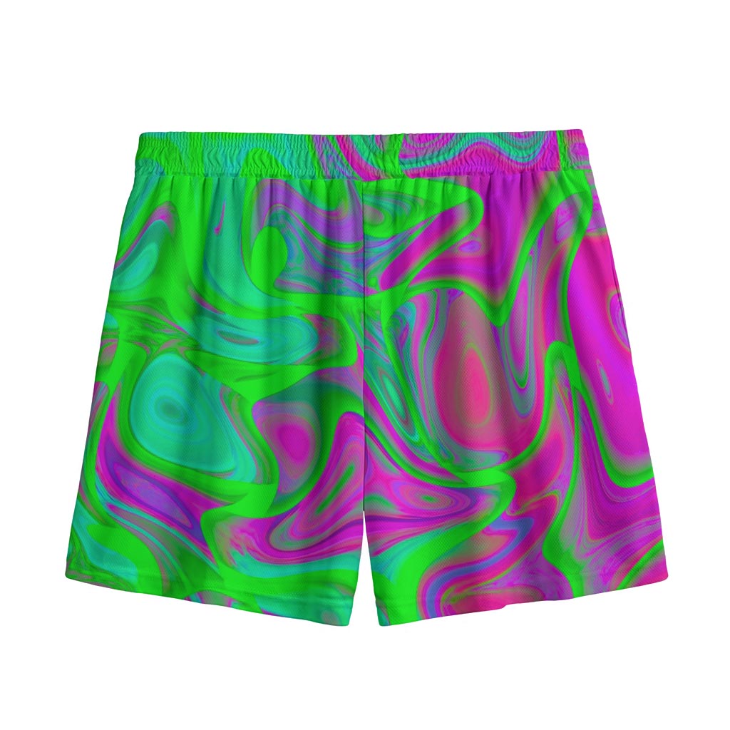 Neon Green Pink Psychedelic Trippy Print Mesh Shorts