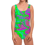 Neon Green Pink Psychedelic Trippy Print One Piece Swimsuit