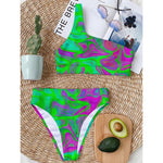 Neon Green Pink Psychedelic Trippy Print One Shoulder Bikini Top