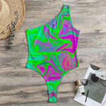 Neon Green Pink Psychedelic Trippy Print One Shoulder Bodysuit