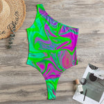 Neon Green Pink Psychedelic Trippy Print One Shoulder Bodysuit