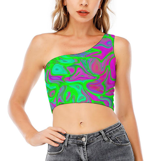 Neon Green Pink Psychedelic Trippy Print One Shoulder Crop Top