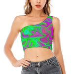 Neon Green Pink Psychedelic Trippy Print One Shoulder Crop Top