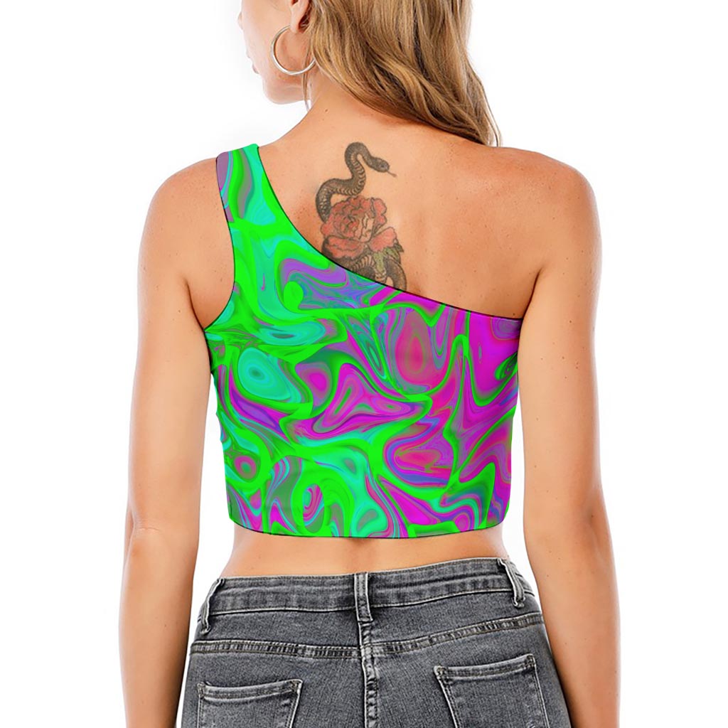 Neon Green Pink Psychedelic Trippy Print One Shoulder Crop Top