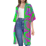 Neon Green Pink Psychedelic Trippy Print Open Front Beach Cover Up
