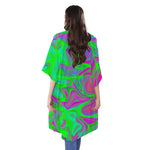 Neon Green Pink Psychedelic Trippy Print Open Front Beach Cover Up