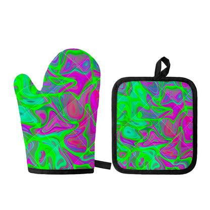 Neon Green Pink Psychedelic Trippy Print Oven Mitt And Pot Holder Set