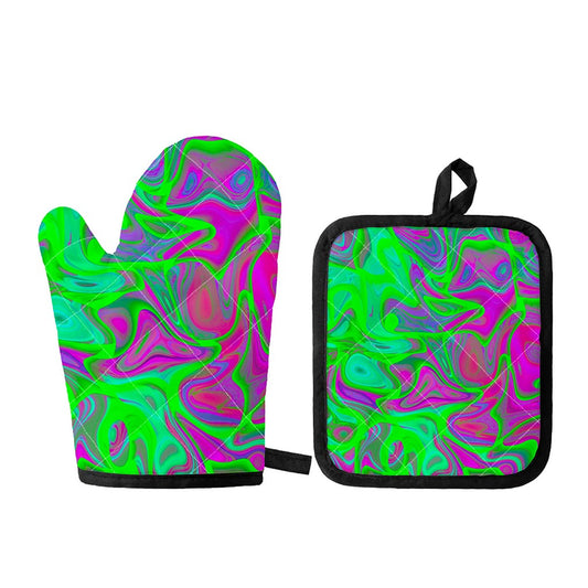 Neon Green Pink Psychedelic Trippy Print Oven Mitt And Pot Holder Set