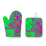 Neon Green Pink Psychedelic Trippy Print Oven Mitt And Pot Holder Set