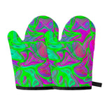 Neon Green Pink Psychedelic Trippy Print Oven Mitts