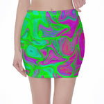 Neon Green Pink Psychedelic Trippy Print Pencil Mini Skirt