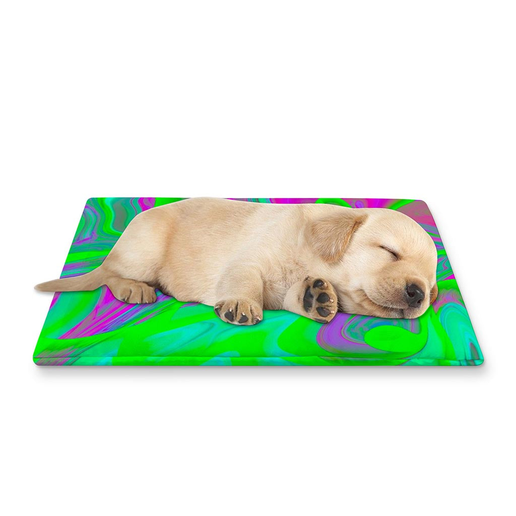 Neon Green Pink Psychedelic Trippy Print Pet Cooling Mat Cover