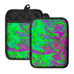 Neon Green Pink Psychedelic Trippy Print Pot Holders With Pocket