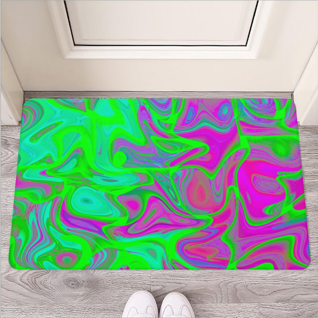 Neon Green Pink Psychedelic Trippy Print Rubber Doormat
