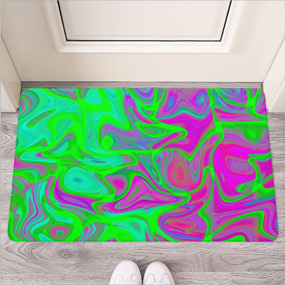 Neon Green Pink Psychedelic Trippy Print Rubber Doormat