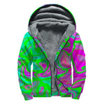 Neon Green Pink Psychedelic Trippy Print Sherpa Lined Zip Up Hoodie
