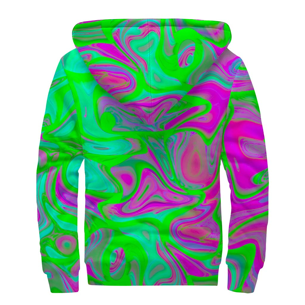 Neon Green Pink Psychedelic Trippy Print Sherpa Lined Zip Up Hoodie