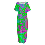 Neon Green Pink Psychedelic Trippy Print Short Sleeve Long Nightdress