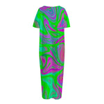 Neon Green Pink Psychedelic Trippy Print Short Sleeve Long Nightdress