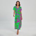 Neon Green Pink Psychedelic Trippy Print Short Sleeve Maxi Dress