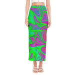 Neon Green Pink Psychedelic Trippy Print Side Slit Maxi Skirt
