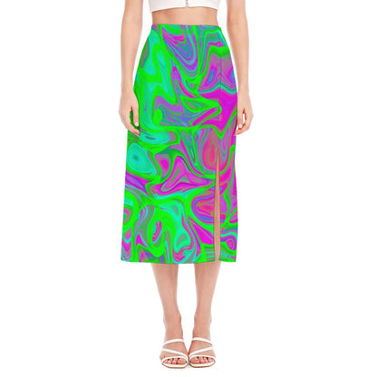 Neon Green Pink Psychedelic Trippy Print Side Slit Midi Skirt