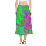 Neon Green Pink Psychedelic Trippy Print Side Slit Midi Skirt