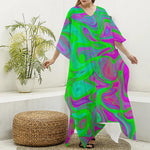 Neon Green Pink Psychedelic Trippy Print Silk V-Neck Kaftan Dress
