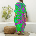 Neon Green Pink Psychedelic Trippy Print Silk V-Neck Kaftan Dress