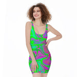 Neon Green Pink Psychedelic Trippy Print Sleeveless Bodycon Dress