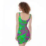 Neon Green Pink Psychedelic Trippy Print Sleeveless Bodycon Dress
