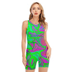 Neon Green Pink Psychedelic Trippy Print Sleeveless One Piece Swimsuit