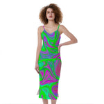 Neon Green Pink Psychedelic Trippy Print Slim Fit Midi Cami Dress