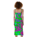 Neon Green Pink Psychedelic Trippy Print Slim Fit Midi Cami Dress