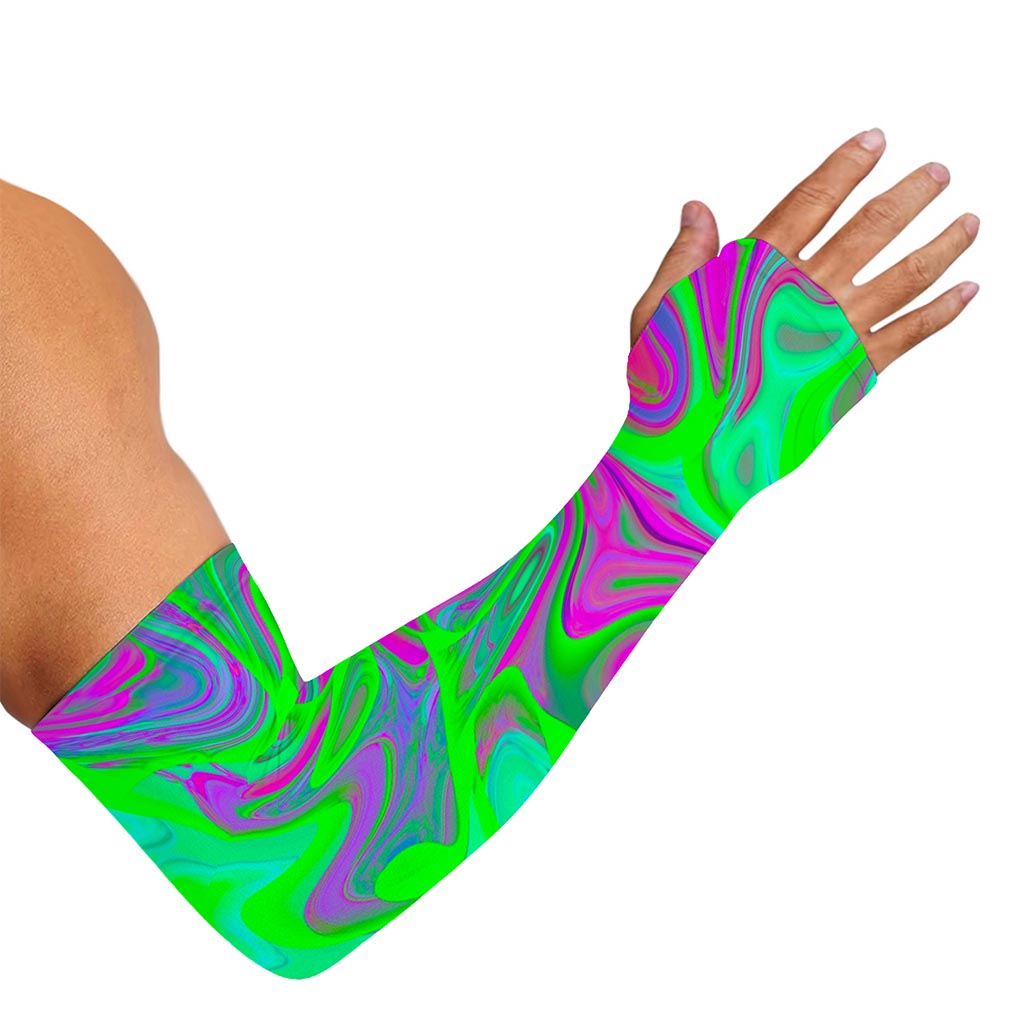 Neon Green Pink Psychedelic Trippy Print Sun Protection Arm Sleeves