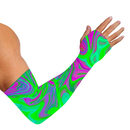 Neon Green Pink Psychedelic Trippy Print Sun Protection Arm Sleeves
