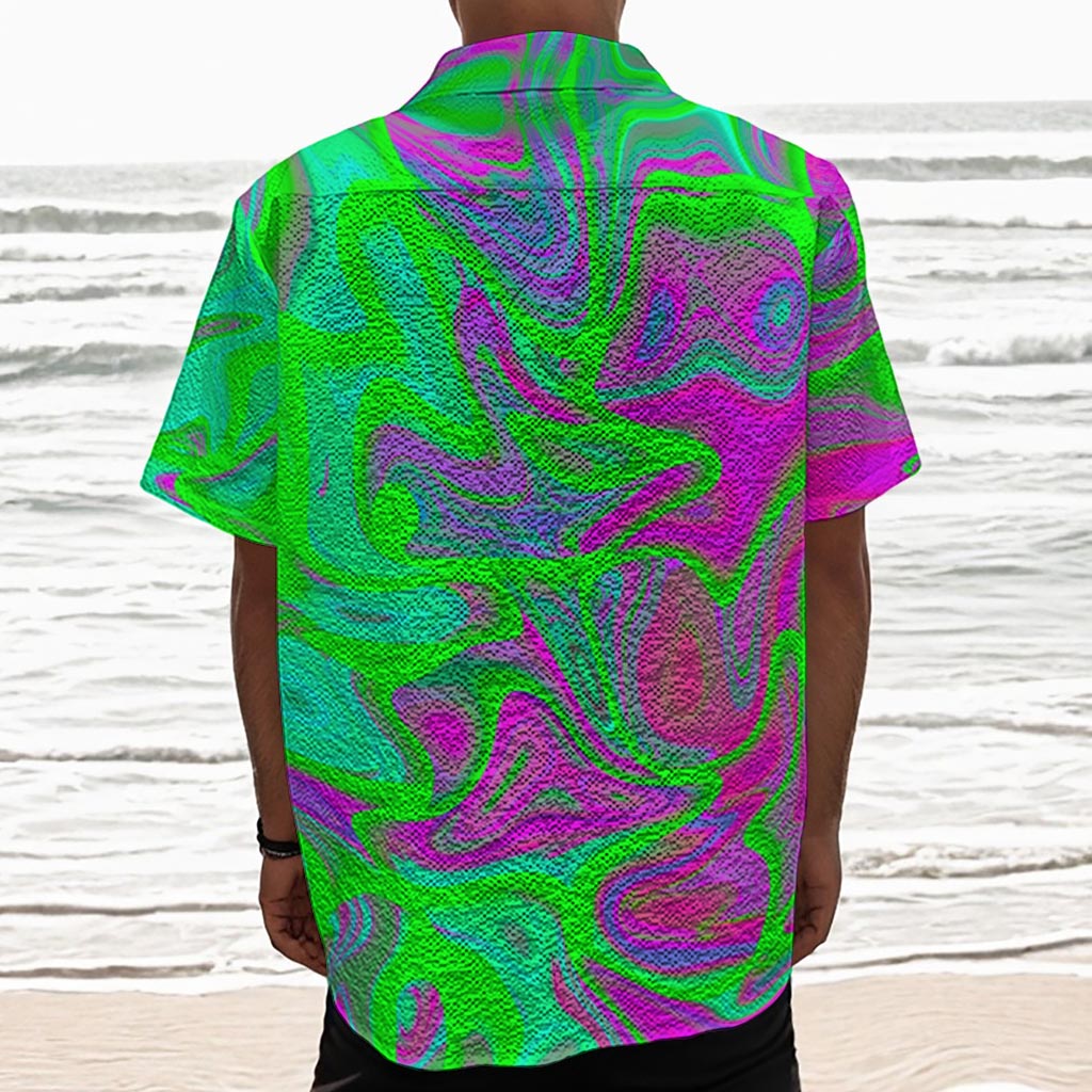 Neon Green Pink Psychedelic Trippy Print Textured Short Sleeve Shirt