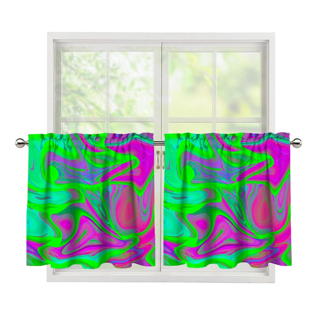 Neon Green Pink Psychedelic Trippy Print Tier Curtains