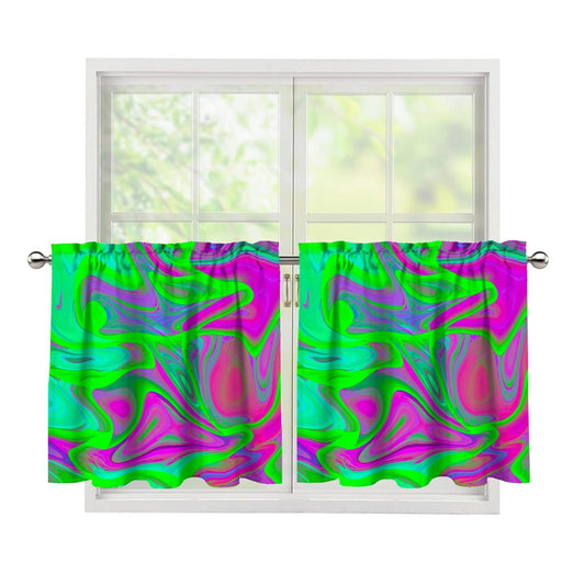Neon Green Pink Psychedelic Trippy Print Tier Curtains